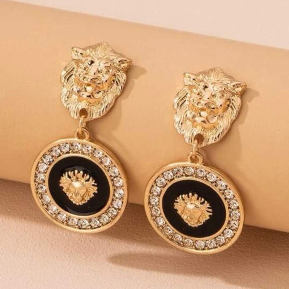 Last One! Gold & Black Lioness Dangle Earrings